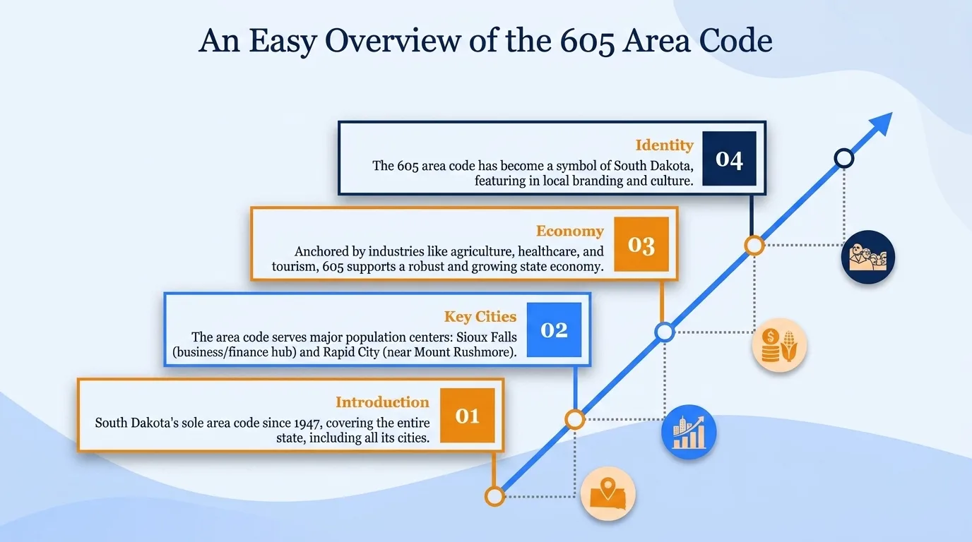 An easy overview of the 605 area code — geographic region, key cities, usage and dialing, and history and origin