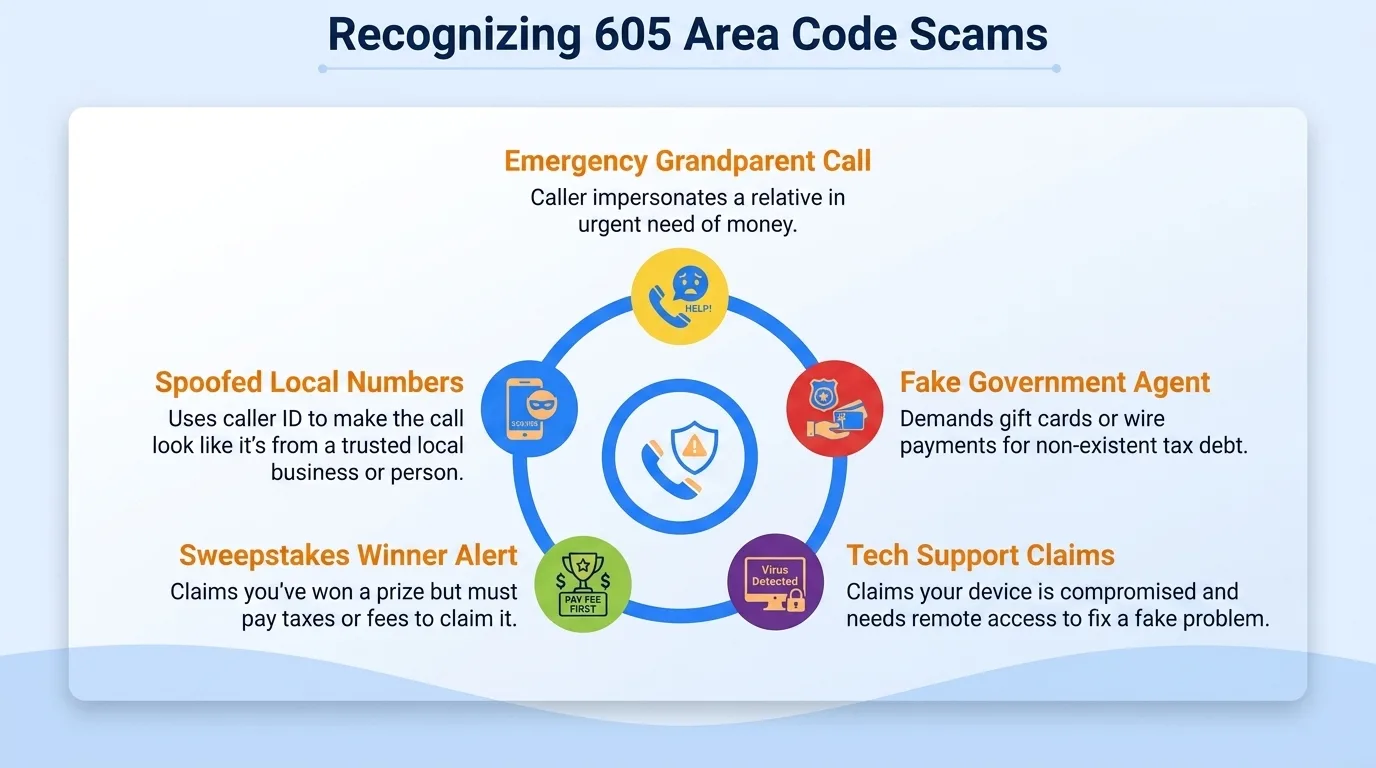 Recognizing 605 area code scams — government impersonation, utility disconnection threats, lottery or prize scams, and verification code requests to watch for