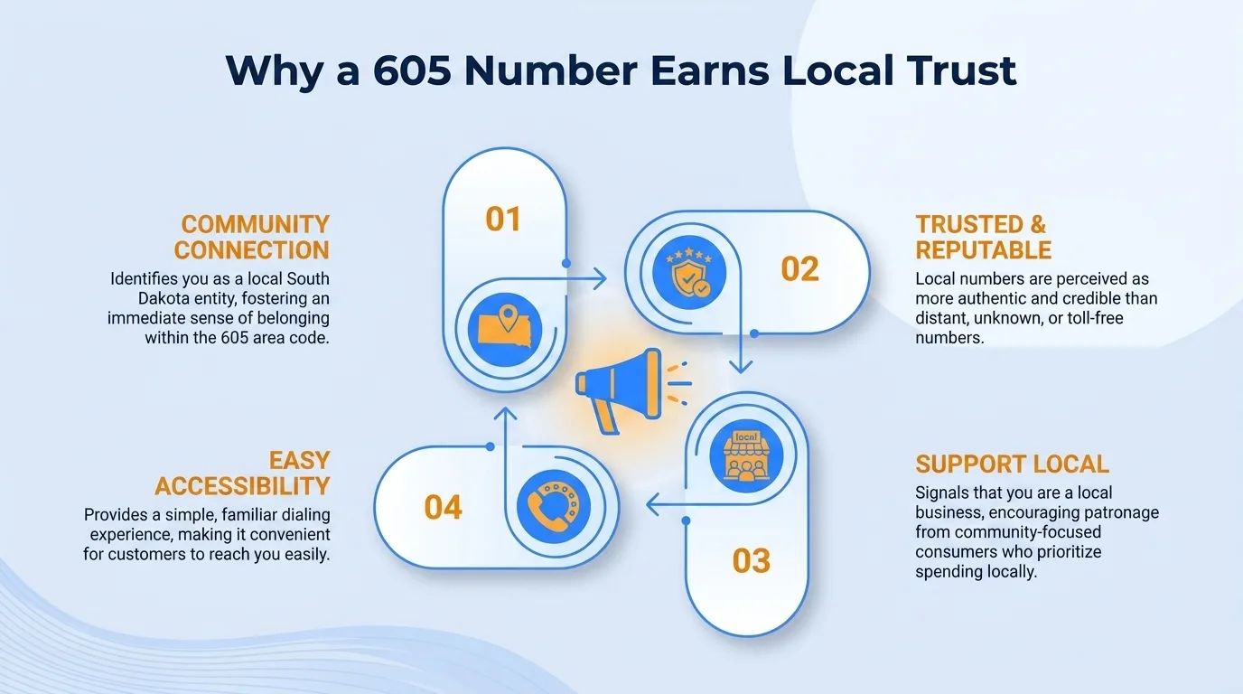 Why a 605 number earns local trust — community connection, familiarity, perceived stability, community support, localized knowledge, and reduced barriers