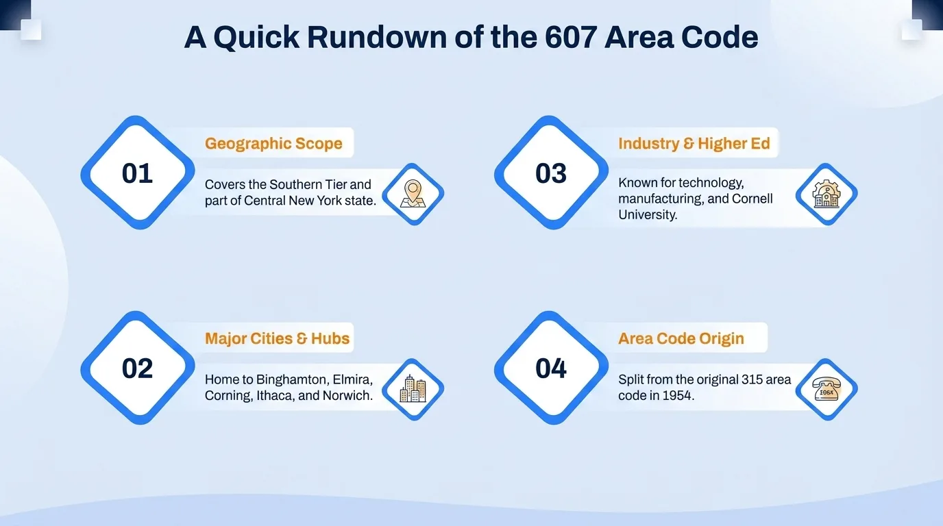 A quick rundown of the 607 area code — geographic region, key cities, usage and dialing, and history and origin