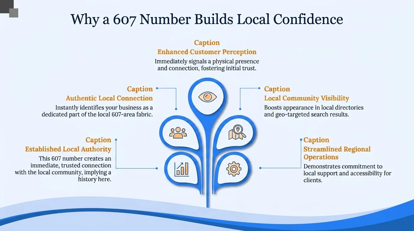 Why a 607 number builds local confidence — community connection, familiarity, perceived stability, community support, localized knowledge, and reduced barriers
