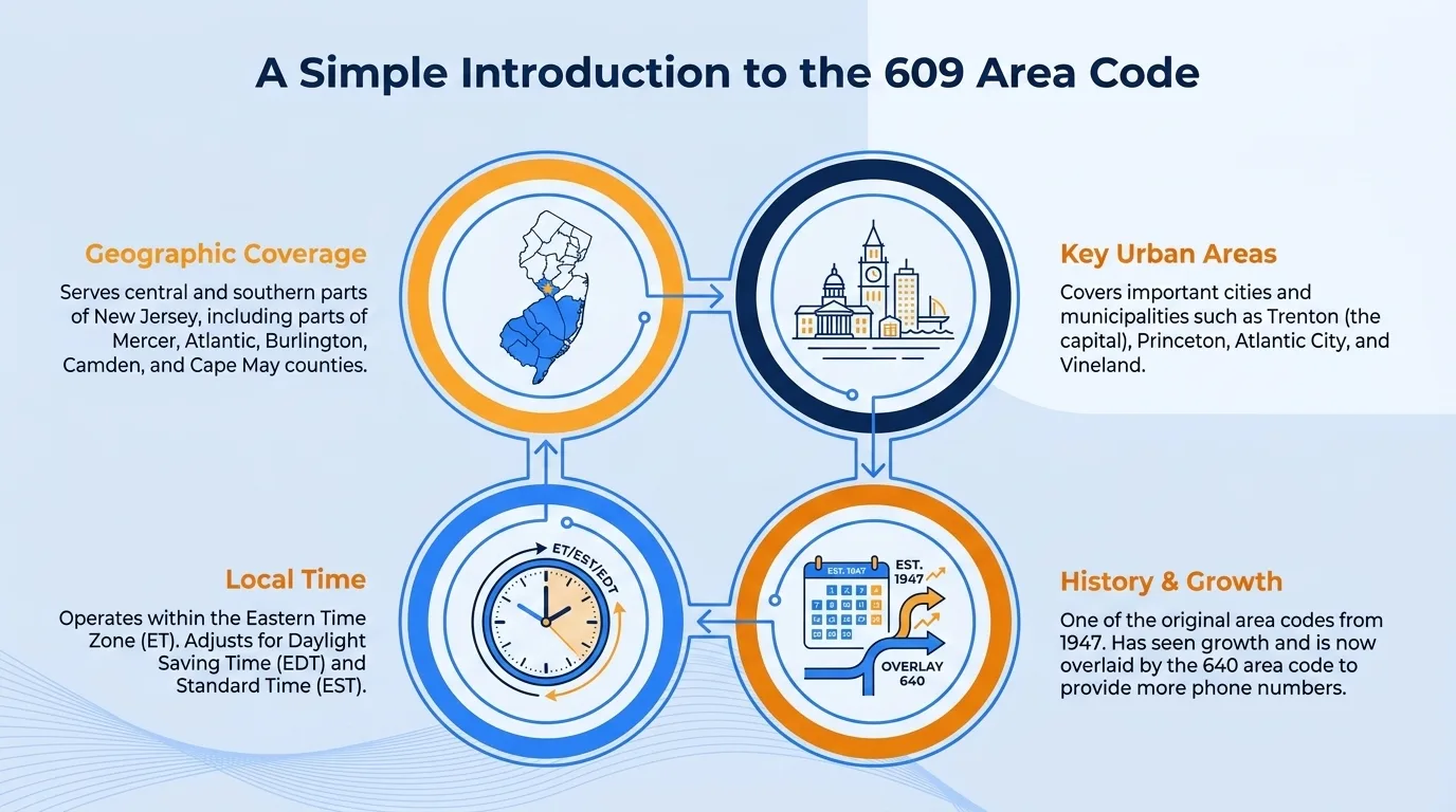 A simple introduction to the 609 area code — geographic region, key cities, usage and dialing, and history and origin