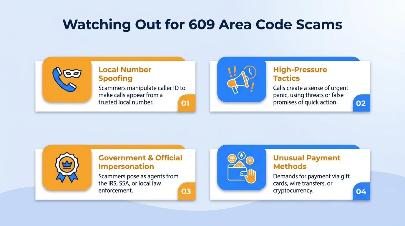 Watching out for 609 area code scams — government impersonation, utility disconnection threats, lottery or prize scams, and verification code requests to watch for