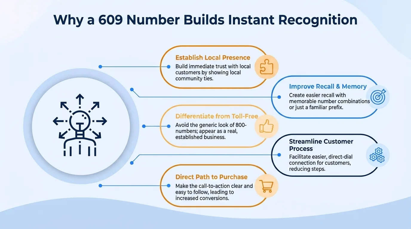 Why a 609 number builds instant recognition — community connection, familiarity, perceived stability, community support, localized knowledge, and reduced barriers