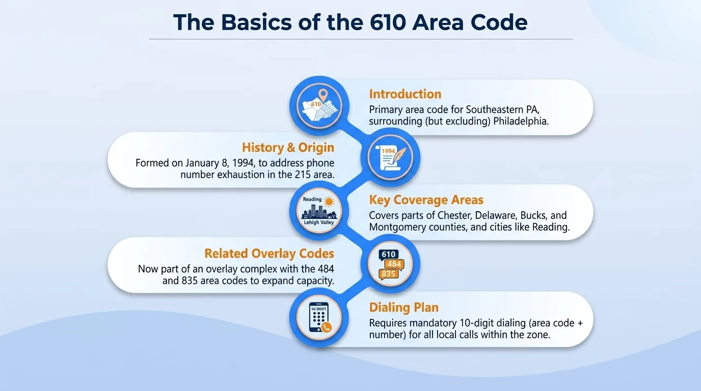 The basics of the 610 area code — geographic region, key cities, usage and dialing, and history and origin
