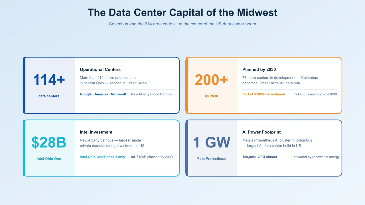 Columbus Ohio 614 area code data center hub showing Google Amazon Microsoft Meta Intel facilities in New Albany corridor