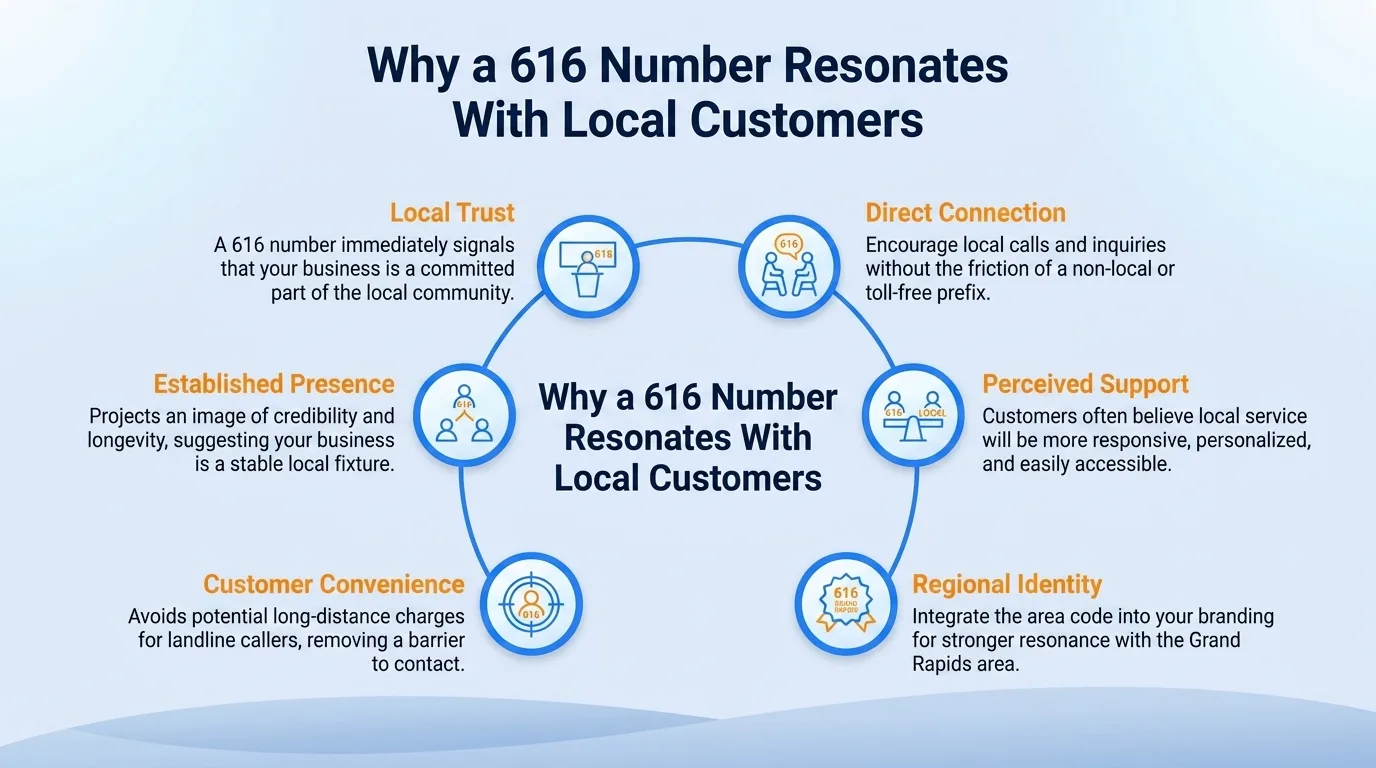 Why a 616 number resonates with local customers — community connection, familiarity, perceived stability, community support, localized knowledge, and reduced barriers