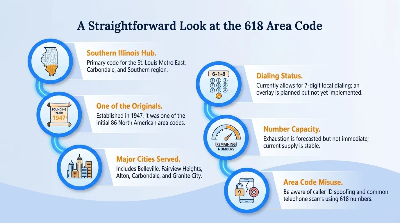 A straightforward look at the 618 area code — geographic region, key cities, usage and dialing, and history and origin