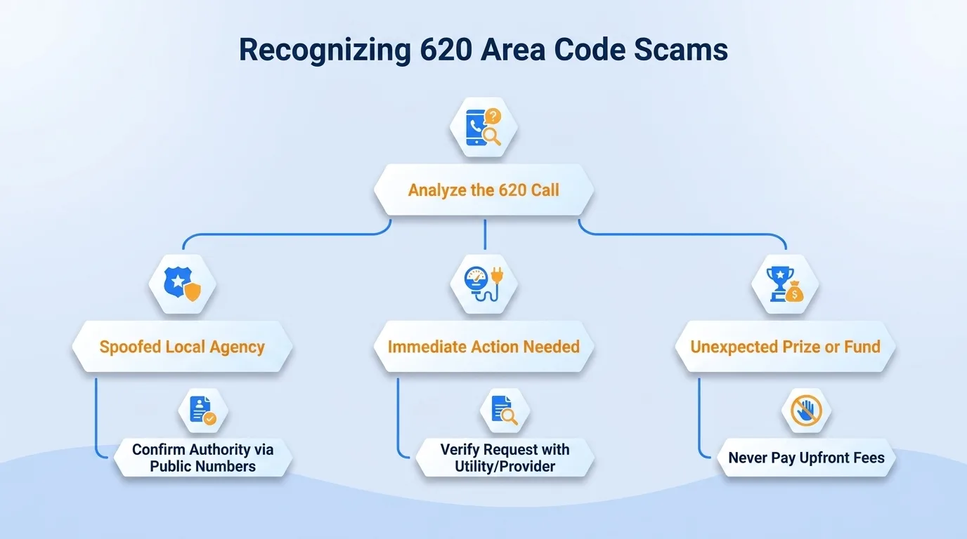 Recognizing 620 area code scams — government impersonation, utility disconnection threats, lottery or prize scams, and verification code requests to watch for