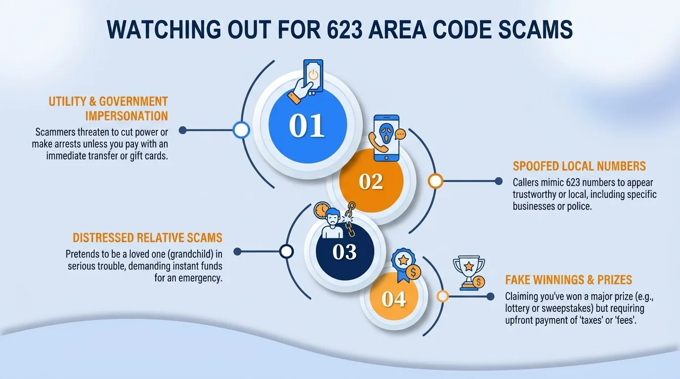 Watching out for 623 area code scams — government impersonation, utility disconnection threats, lottery or prize scams, and verification code requests to watch for