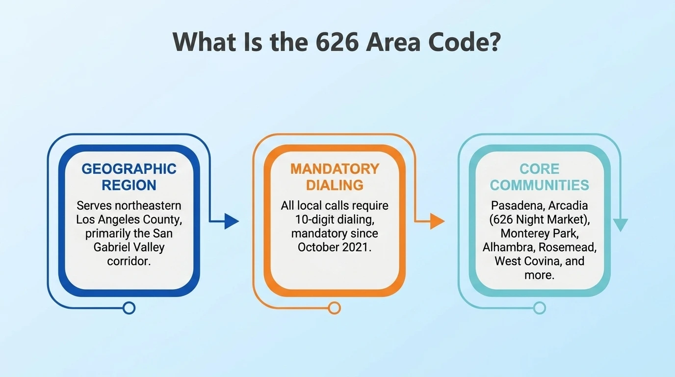 626 area code overview showing geographic region San Gabriel Valley mandatory 10-digit dialing and core communities Pasadena Arcadia Monterey Park
