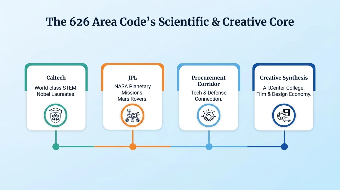 626 area code scientific and creative core showing Caltech Nobel Laureates JPL NASA Mars Rovers defense procurement corridor and ArtCenter College of Design