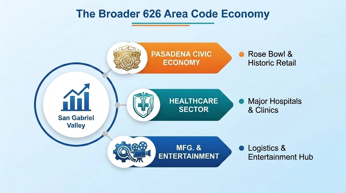 626 area code broader San Gabriel Valley economy showing Pasadena civic economy Rose Bowl healthcare sector major hospitals manufacturing and entertainment hub
