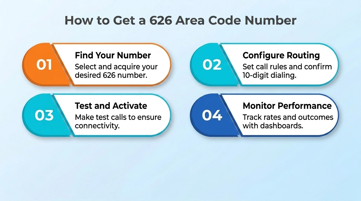 How to get a 626 area code number four steps find your number configure routing test and activate monitor performance