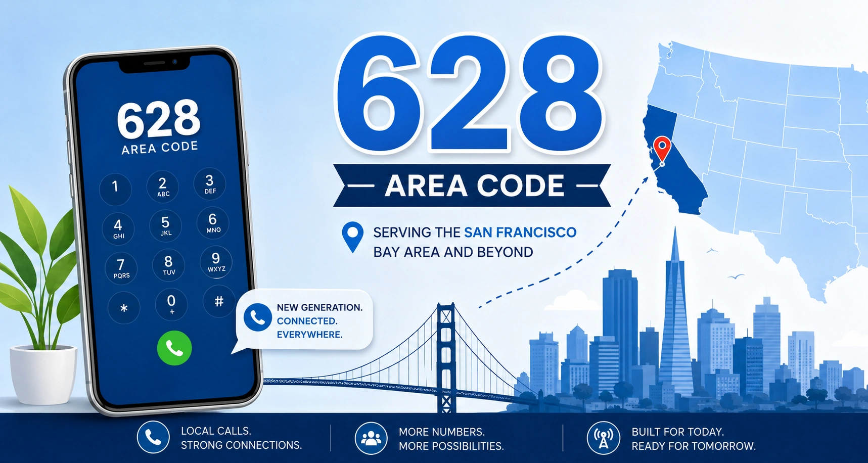628 Area Code — Serving the San Francisco Bay Area: phone keypad, Golden Gate Bridge skyline, California map with location pin