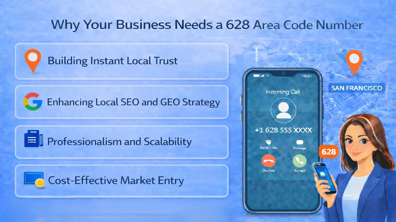 Why Your Business Needs a 628 Area Code Number — building local trust, SEO, professionalism, scalability, cost-effective market entry
