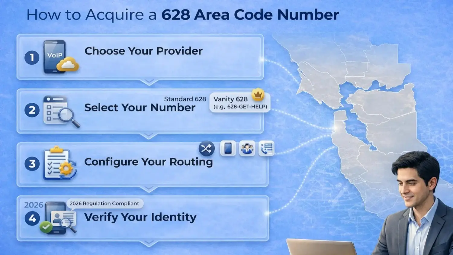 628 Area Code — Serving the San Francisco Bay Area: phone keypad, Golden Gate Bridge skyline and California map