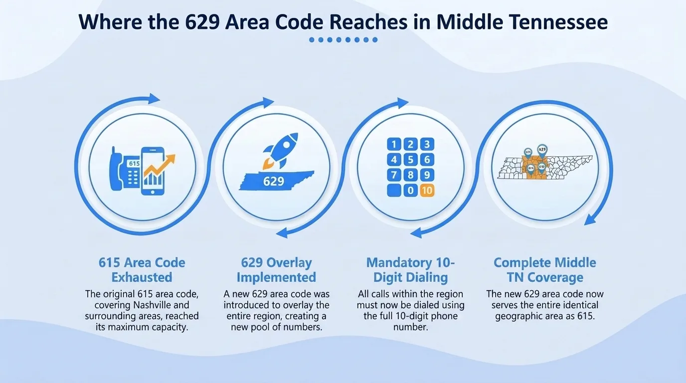 Where the 629 area code reaches in Middle Tennessee — 615 area code exhausted, 629 overlay implemented, mandatory 10-digit dialing, and complete Middle Tennessee coverage