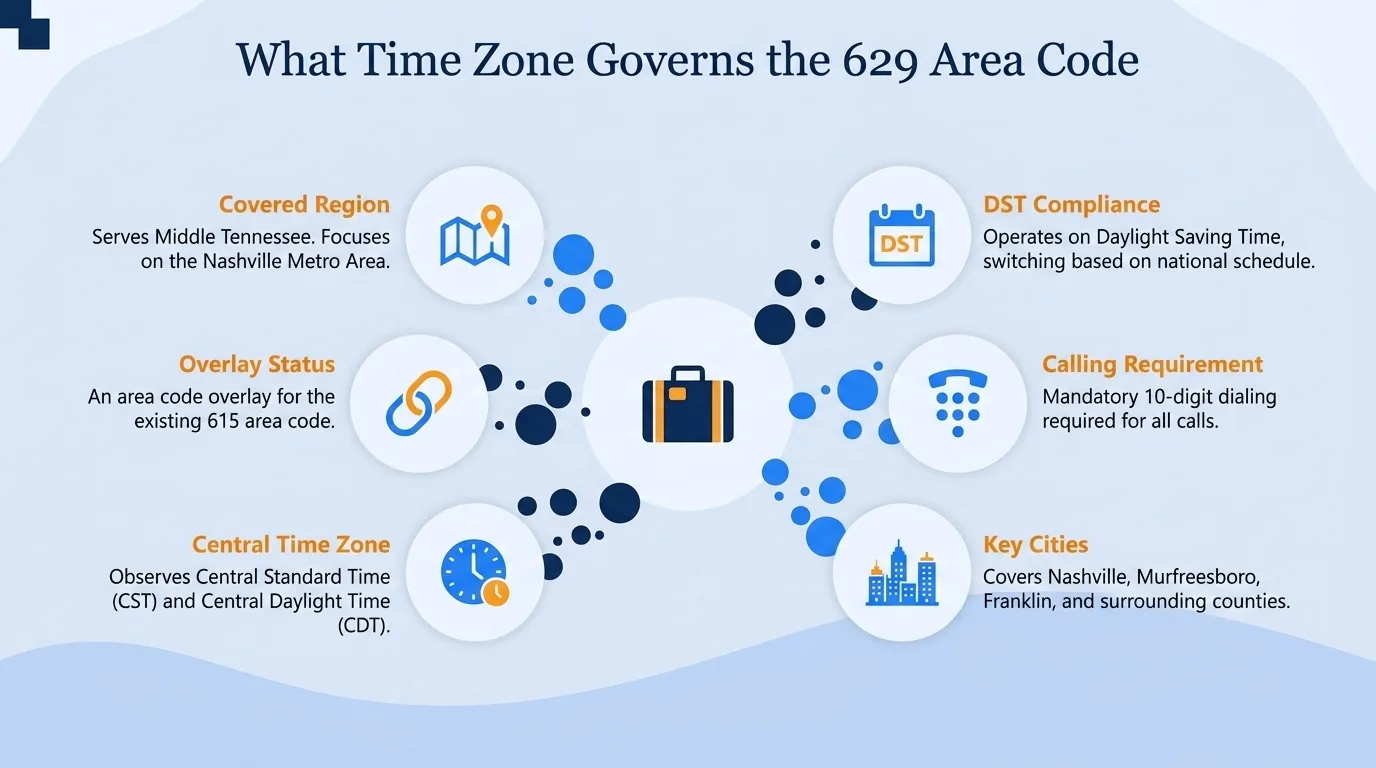 What time zone governs the 629 area code — covered region, overlay status, Central time zone, DST compliance, calling requirement, and key cities