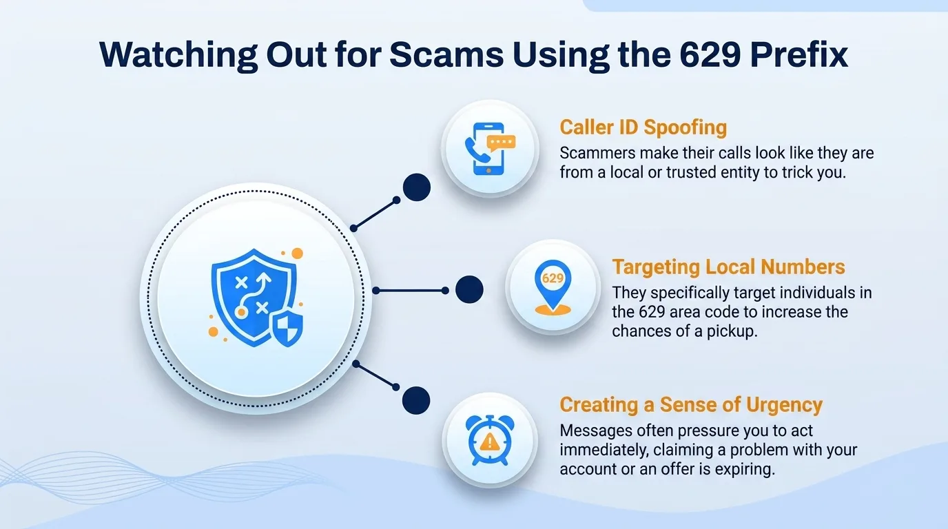 Watching out for scams using the 629 prefix — caller ID spoofing, targeting local numbers, and creating a sense of urgency