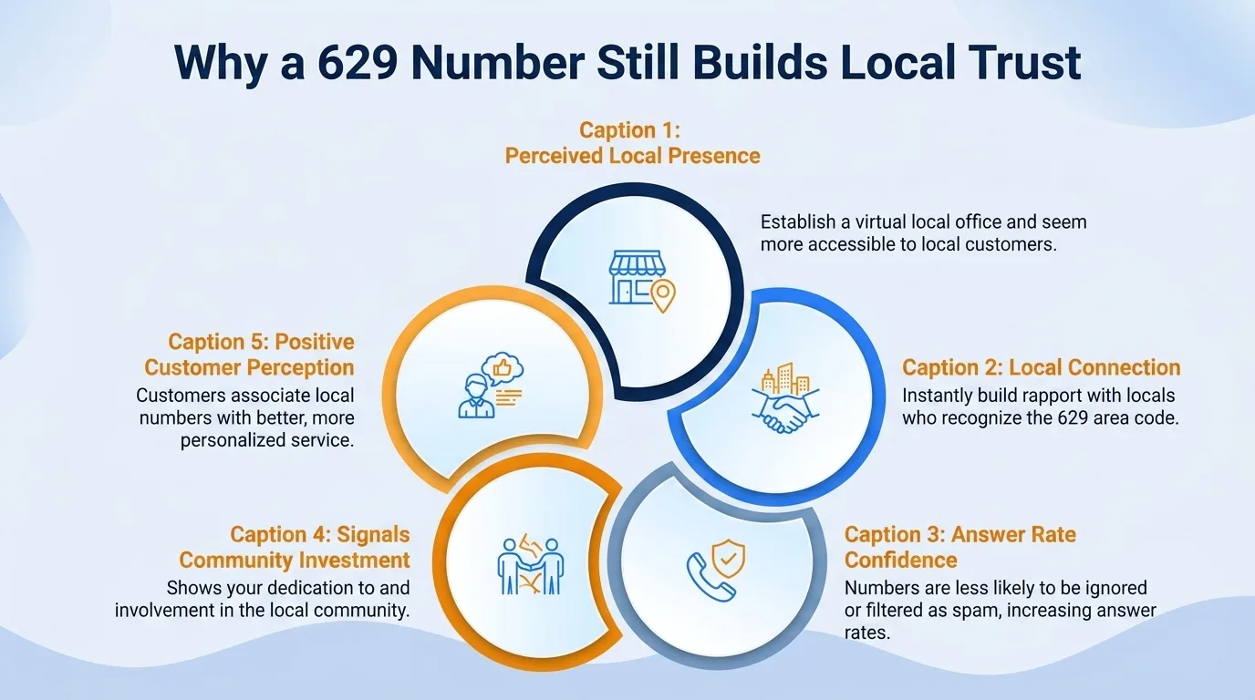 Why a 629 number still builds local trust — perceived local presence, local connection, answer rate confidence, signals community investment, and positive customer perception