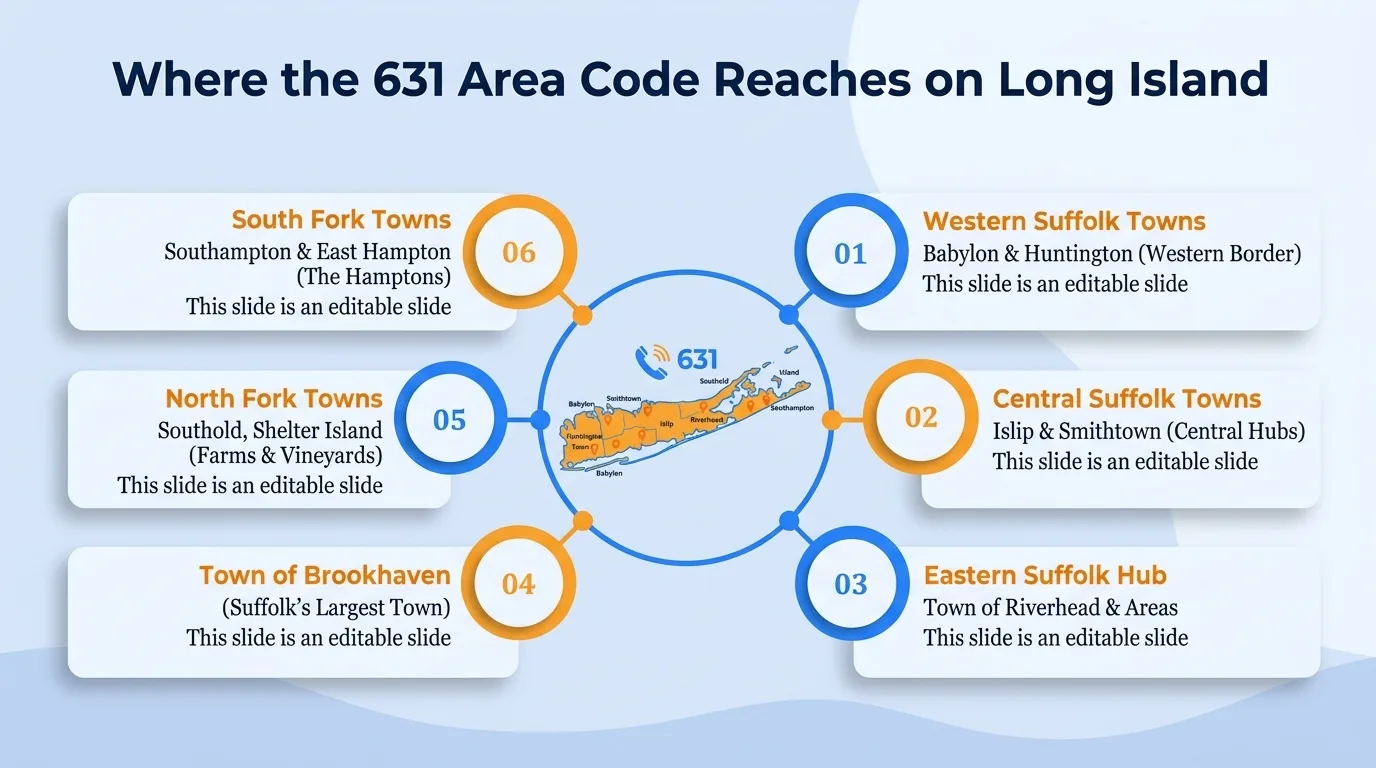 Where the 631 area code reaches on Long Island — western Suffolk towns, central Suffolk towns, eastern Suffolk hub, Brookhaven, North Fork towns, and South Fork towns