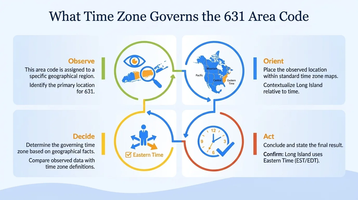 What time zone governs the 631 area code — observe, orient, decide, and act steps confirming Long Island uses Eastern time