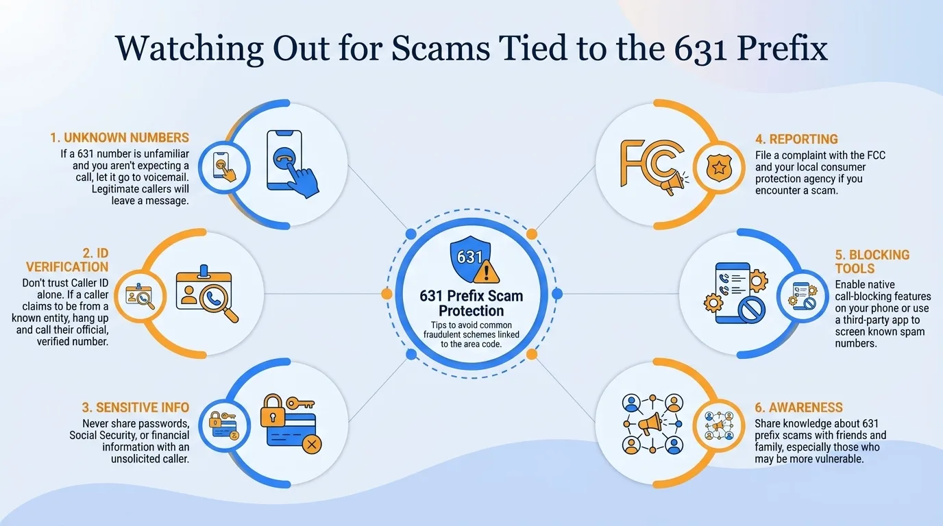 Watching out for scams tied to the 631 prefix — unknown numbers, ID verification, sensitive info, reporting, blocking tools, and awareness