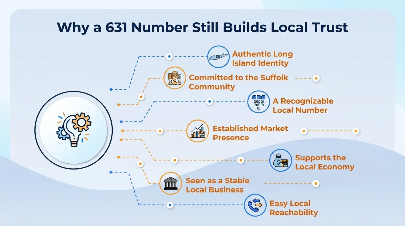 Why a 631 number still builds local trust — authentic Long Island identity, committed to the Suffolk community, a recognizable local number, established market presence, supports the local economy, and seen as a stable local business
