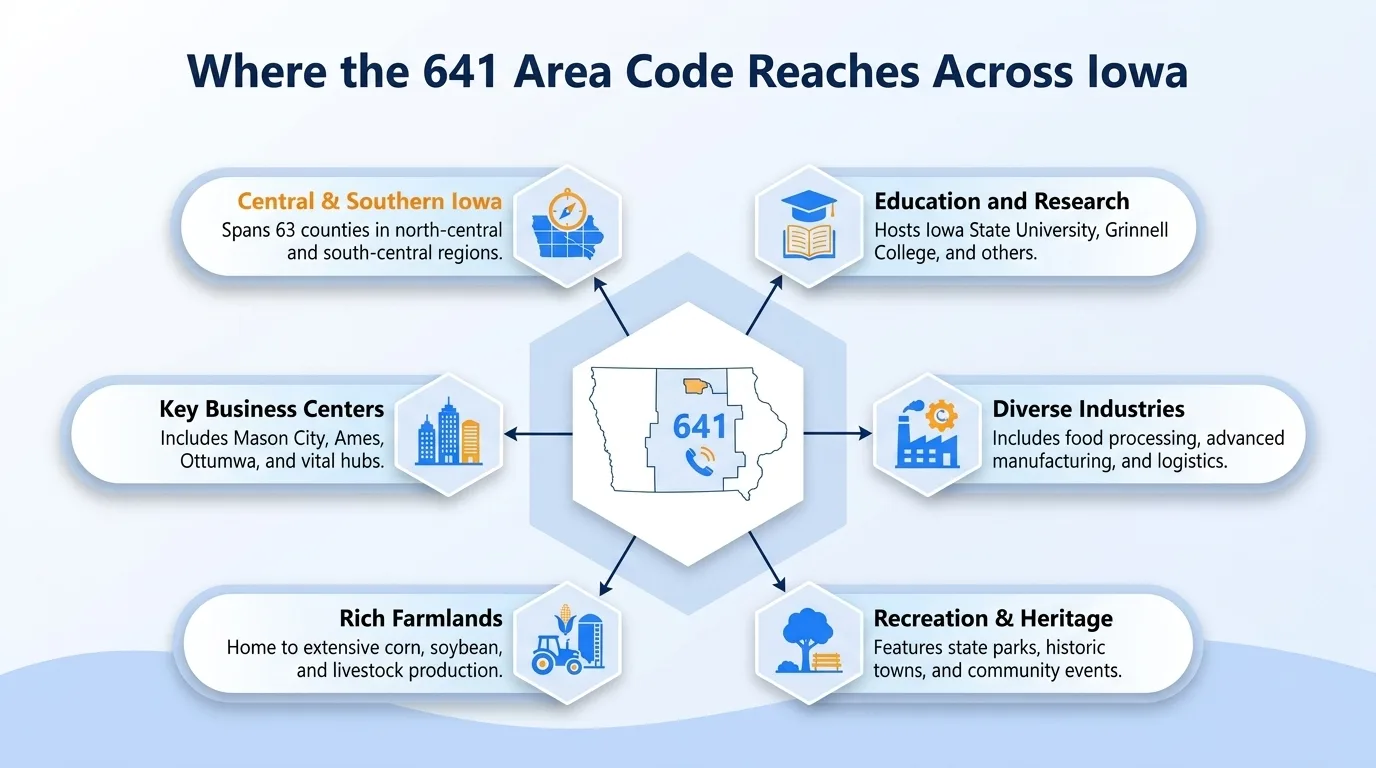 Where the 641 area code reaches across Iowa — central and southern Iowa, key business centers, rich farmlands, education and research, diverse industries, and recreation and heritage