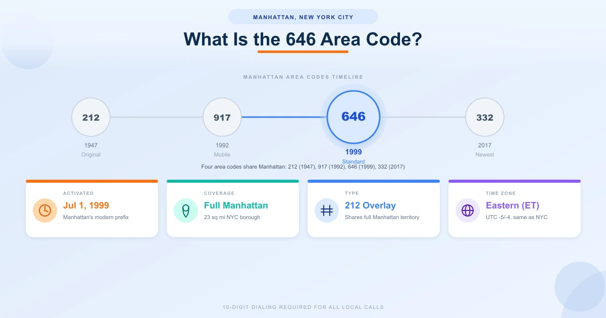 646 area code Manhattan timeline showing 212 1947 917 1992 646 1999 and 332 2017 area codes with key facts