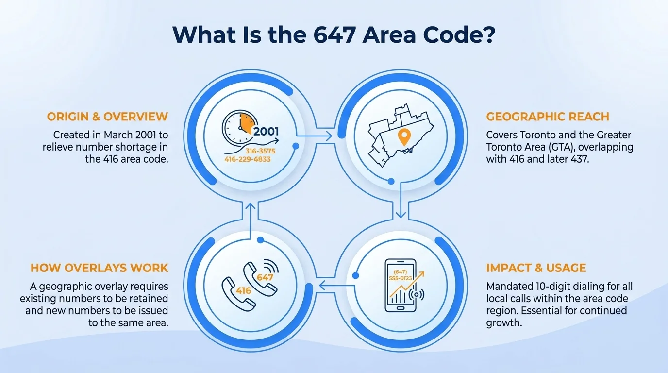 647 area code history — Canada's first overlay for the 416 numbering plan, activated March 5, 2001