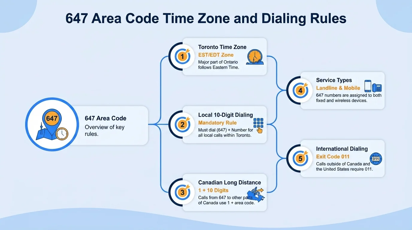 647 area code Eastern Time Zone map with 10-digit dialing format (647) XXX-XXXX