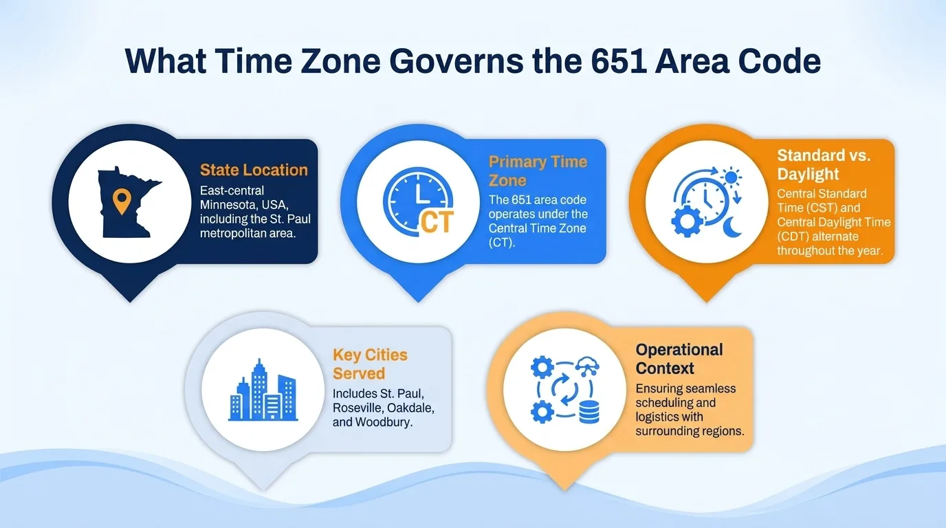 What time zone governs the 651 area code — state location, primary time zone, standard vs. daylight, key cities served, and operational context