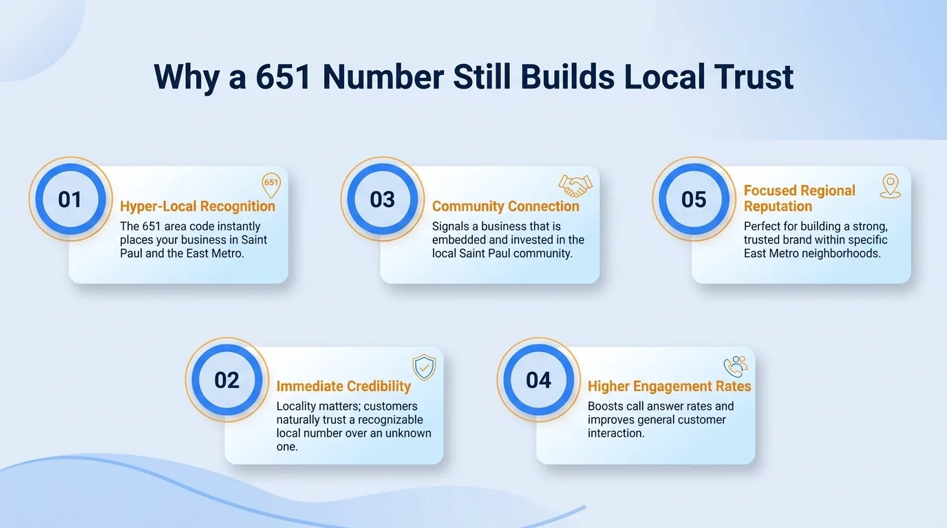 Why a 651 number still builds local trust — hyper-local recognition, immediate credibility, community connection, higher engagement rates, and focused regional reputation