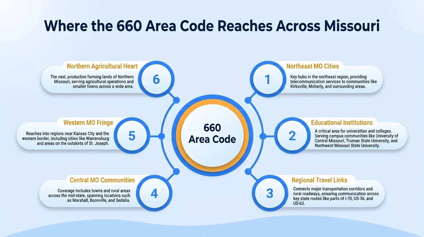 Where the 660 area code reaches across Missouri — northeast MO cities, educational institutions, regional travel links, central MO communities, western MO fringe, and northern agricultural heart