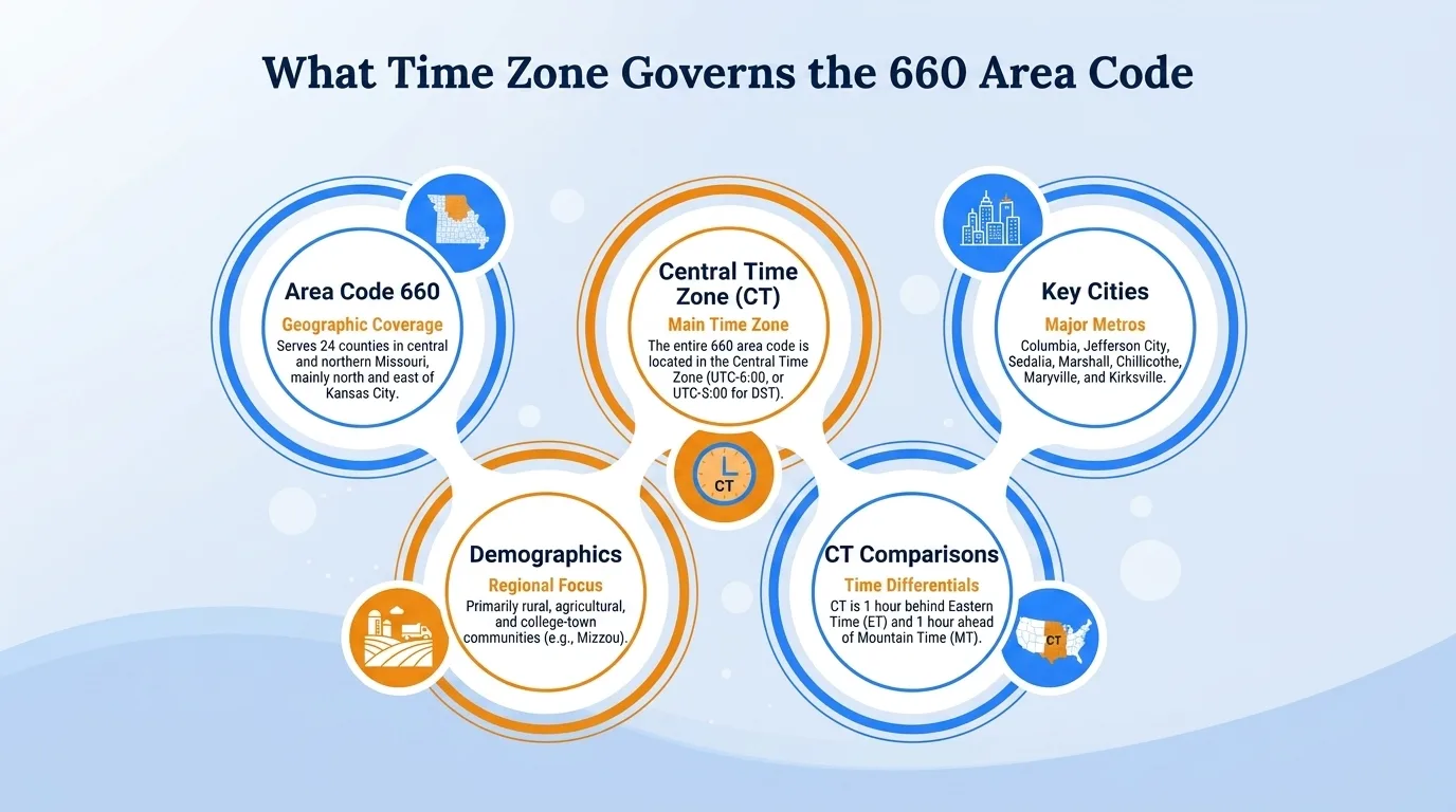 What time zone governs the 660 area code — geographic coverage, Central time zone, demographics, CT comparisons, and key cities