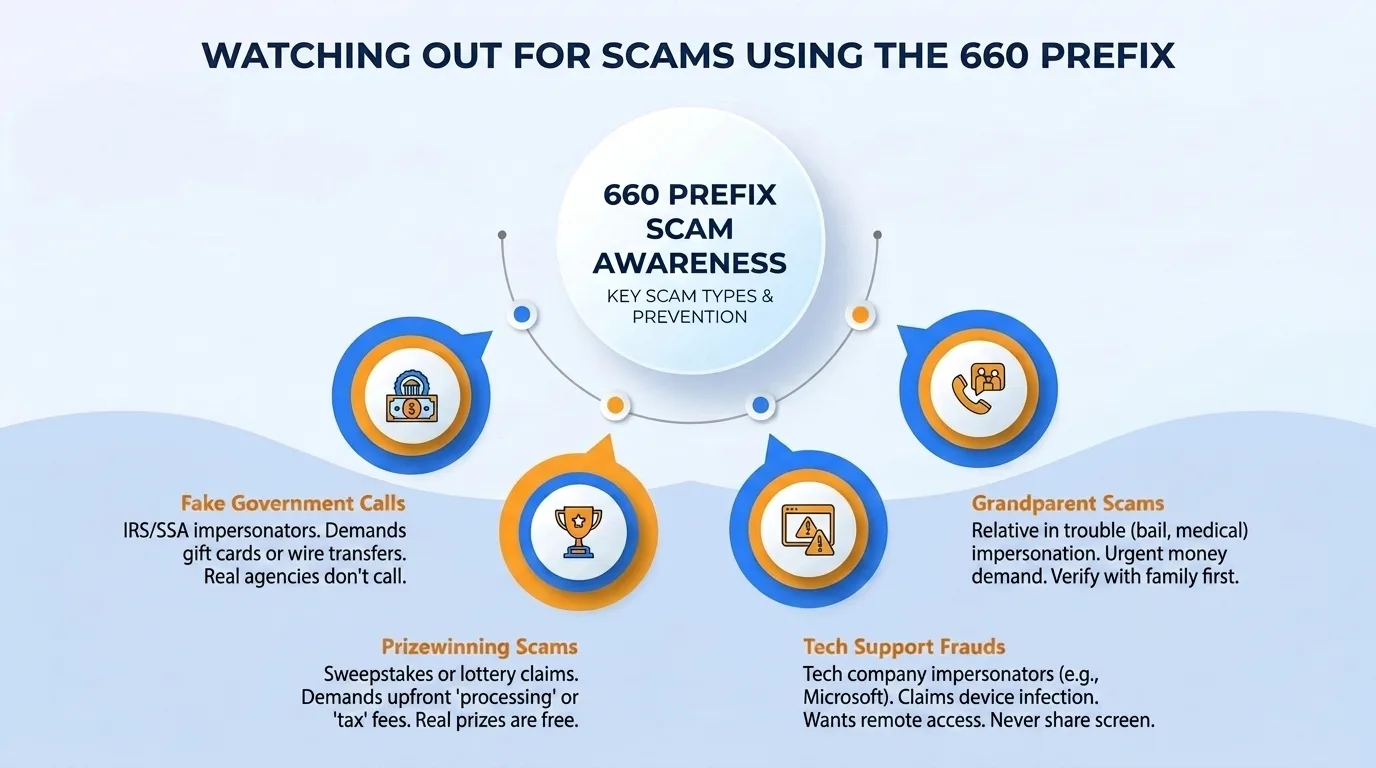 Watching out for scams using the 660 prefix — fake government calls, prizewinning scams, tech support frauds, and grandparent scams