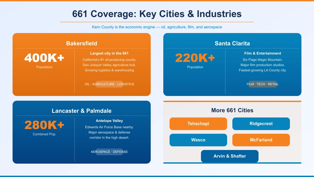 Kern County San Joaquin Valley oil fields and agriculture in the 661 area code Bakersfield California