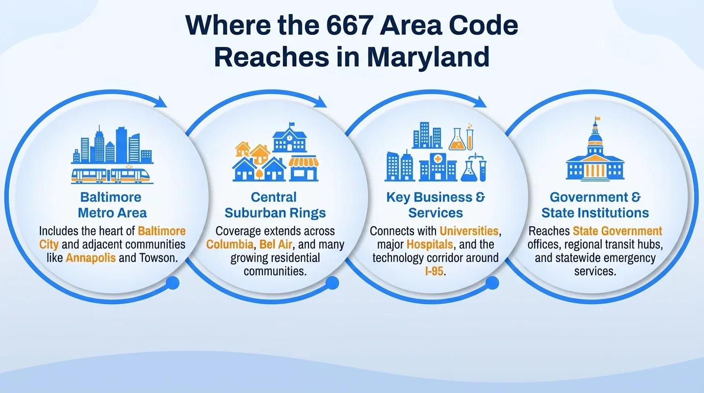 Where the 667 area code reaches in Maryland — Baltimore metro area, central suburban rings, key business and services, and government and state institutions