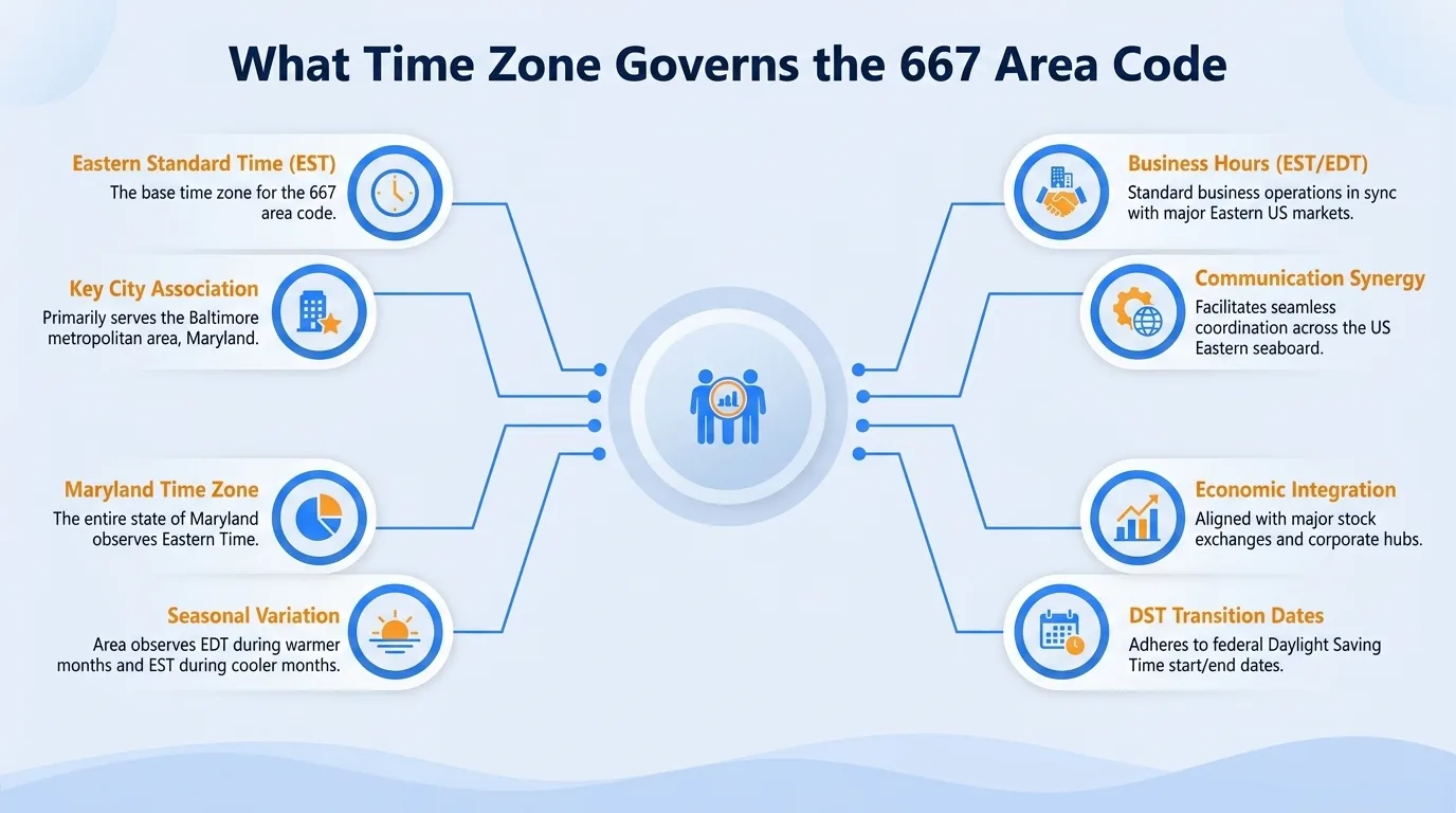 What time zone governs the 667 area code — Eastern Standard Time, key city association, Maryland time zone, seasonal variation, business hours, and DST transition dates