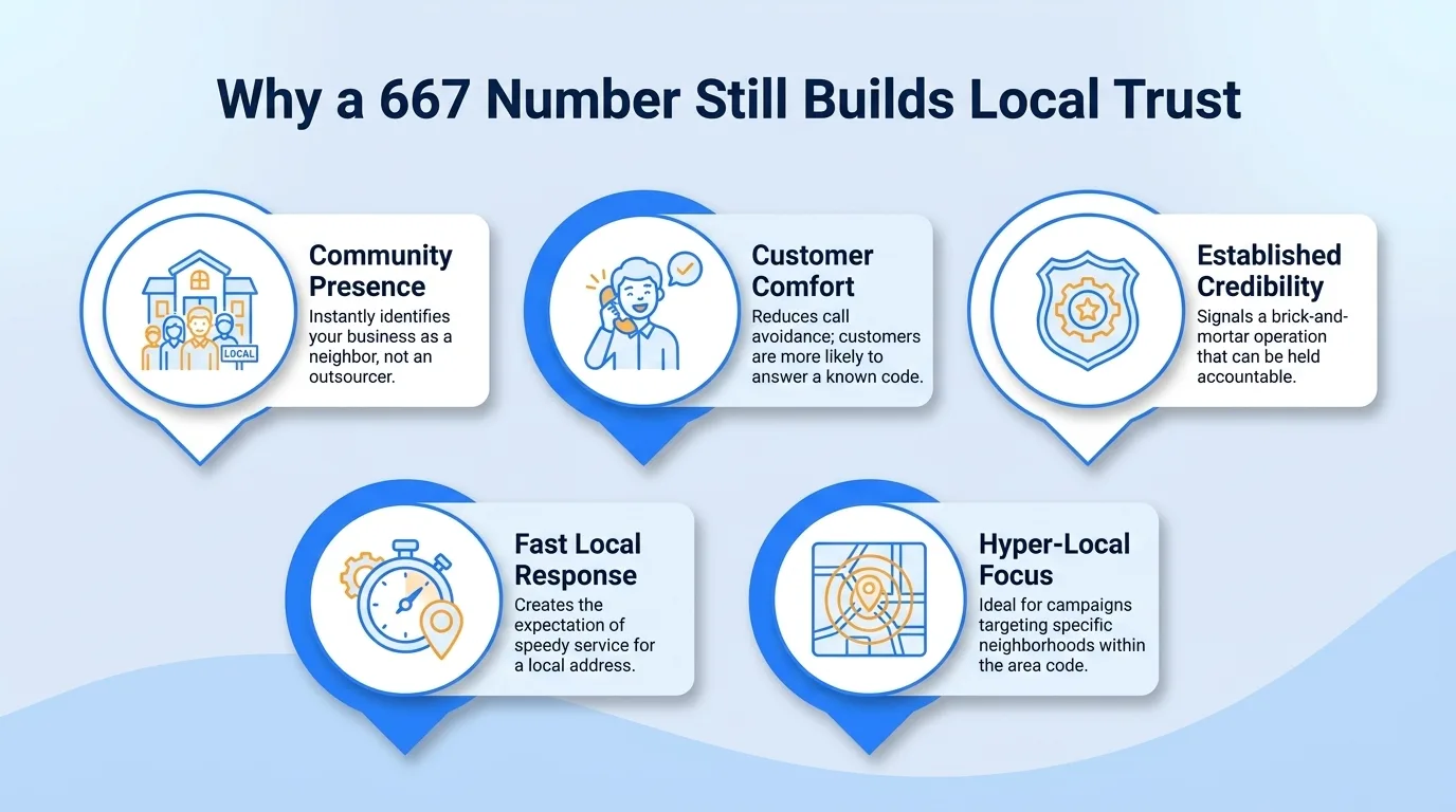 Why a 667 number still builds local trust — community presence, customer comfort, established credibility, fast local response, and hyper-local focus