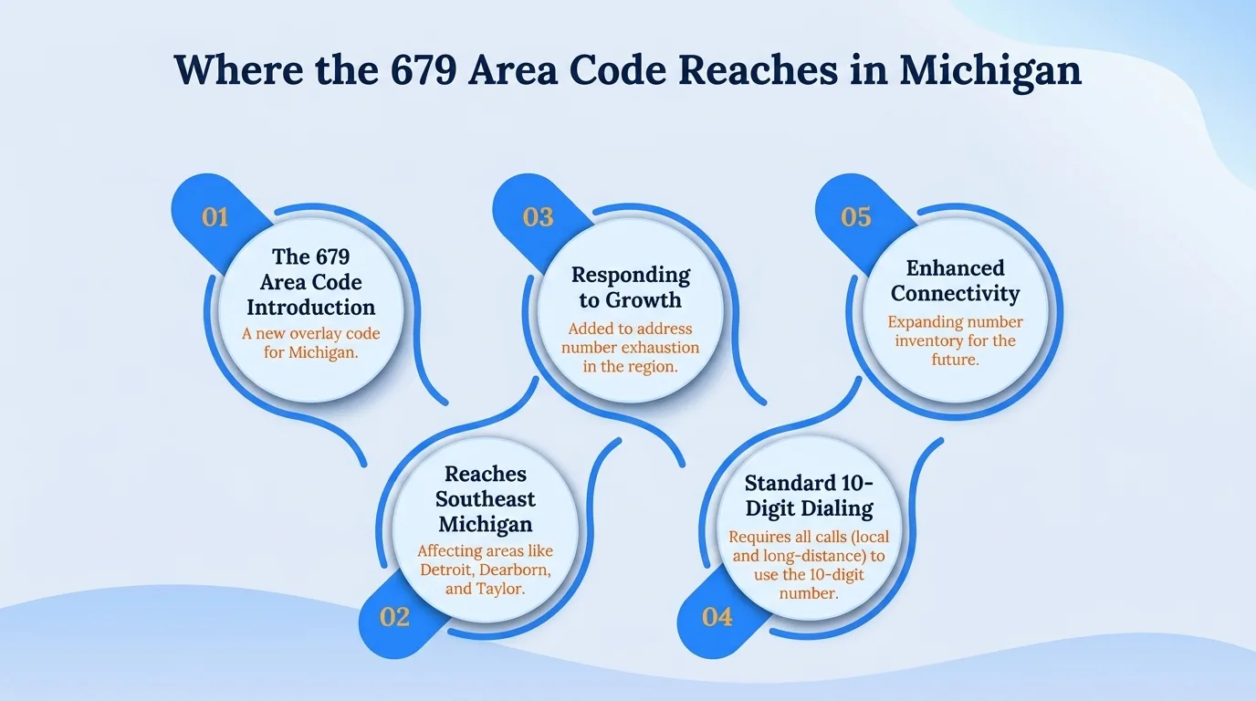 Where the 679 area code reaches in Michigan — the 679 area code introduction, reaches southeast Michigan, responding to growth, standard 10-digit dialing, and enhanced connectivity