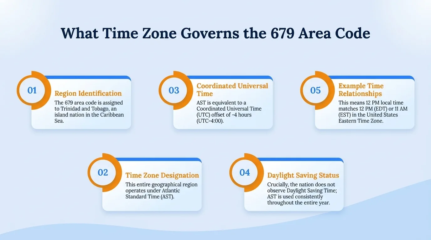What time zone governs the 679 area code — region identification, time zone designation, Coordinated Universal Time, daylight saving status, and example time relationships