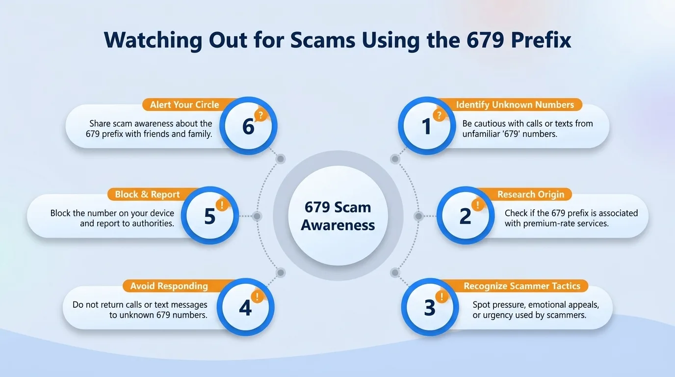 Watching out for scams using the 679 prefix — identify unknown numbers, research origin, recognize scammer tactics, avoid responding, block and report, and alert your circle