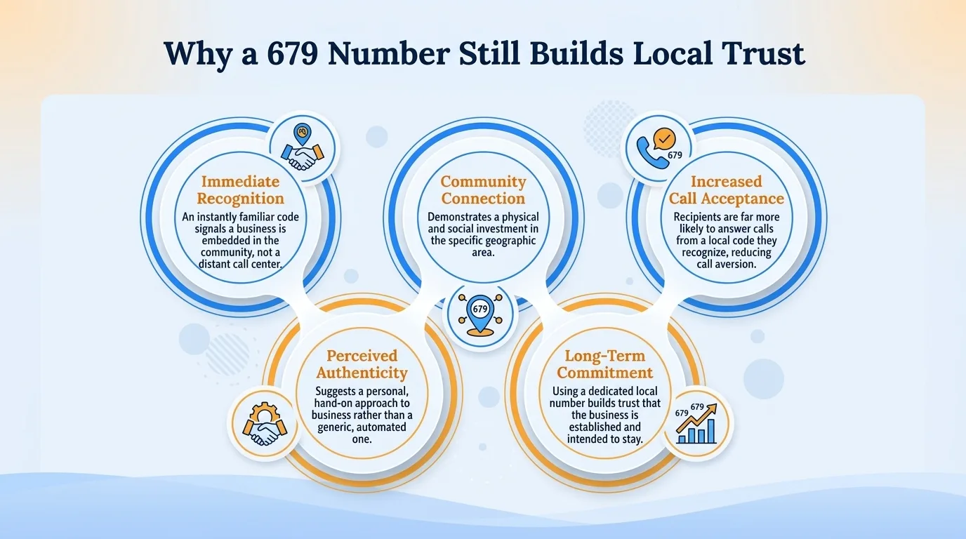 Why a 679 number still builds local trust — immediate recognition, community connection, increased call acceptance, perceived authenticity, and long-term commitment