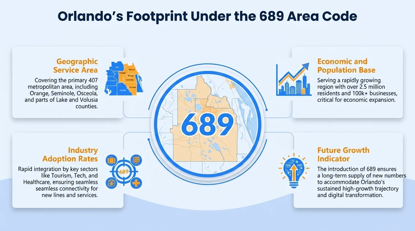 Orlando's footprint under the 689 area code — geographic service area, economic and population base, industry adoption rates, and future growth indicator