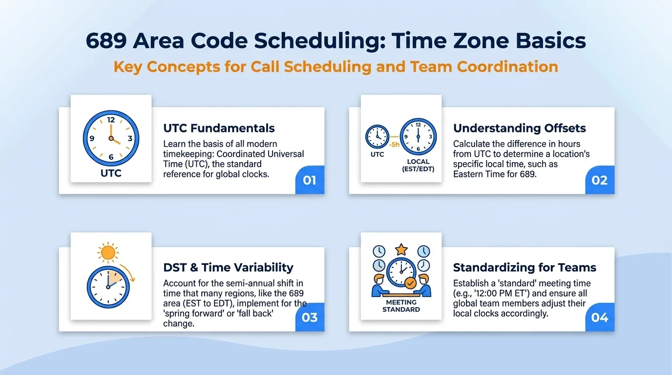 689 area code scheduling time zone basics — UTC fundamentals, understanding offsets, DST and time variability, and standardizing for teams