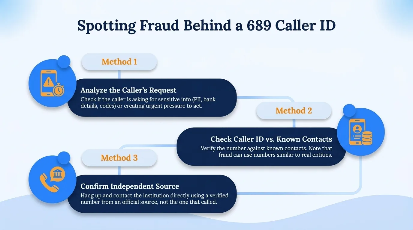 Spotting fraud behind a 689 caller ID — analyze the caller's request, check caller ID versus known contacts, and confirm an independent source