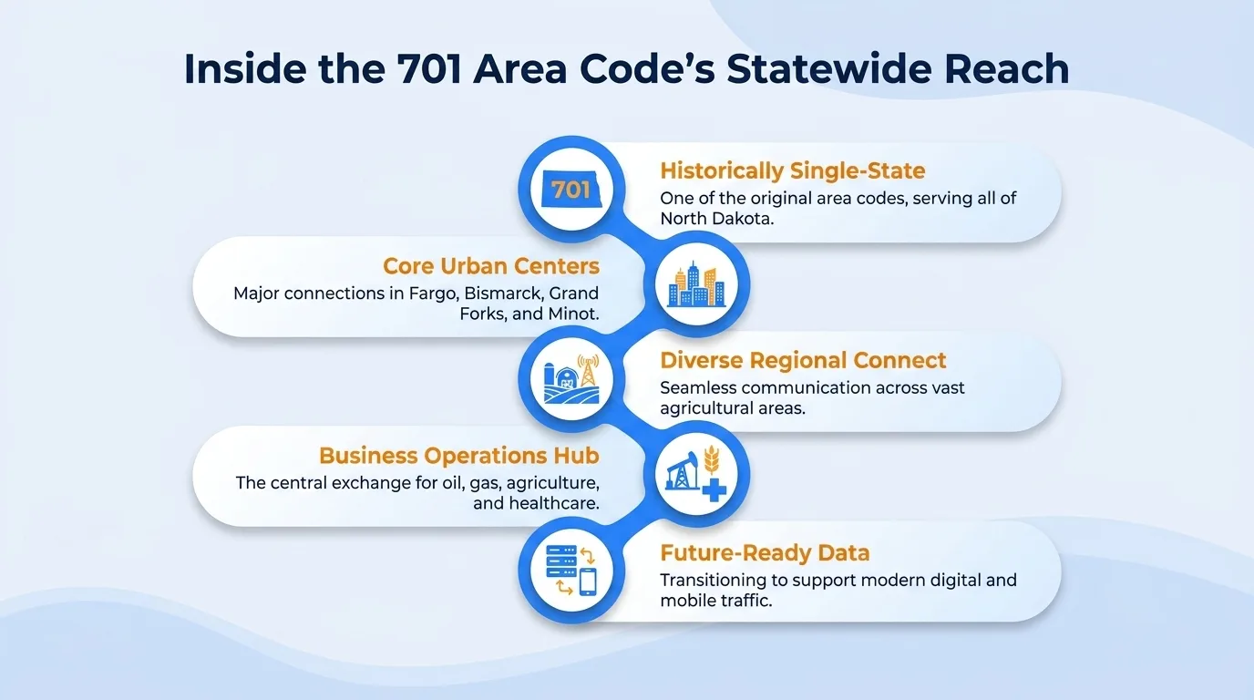 Inside the 701 area code's statewide reach — historically single-state, core urban centers, diverse regional connect, business operations hub, and future-ready data